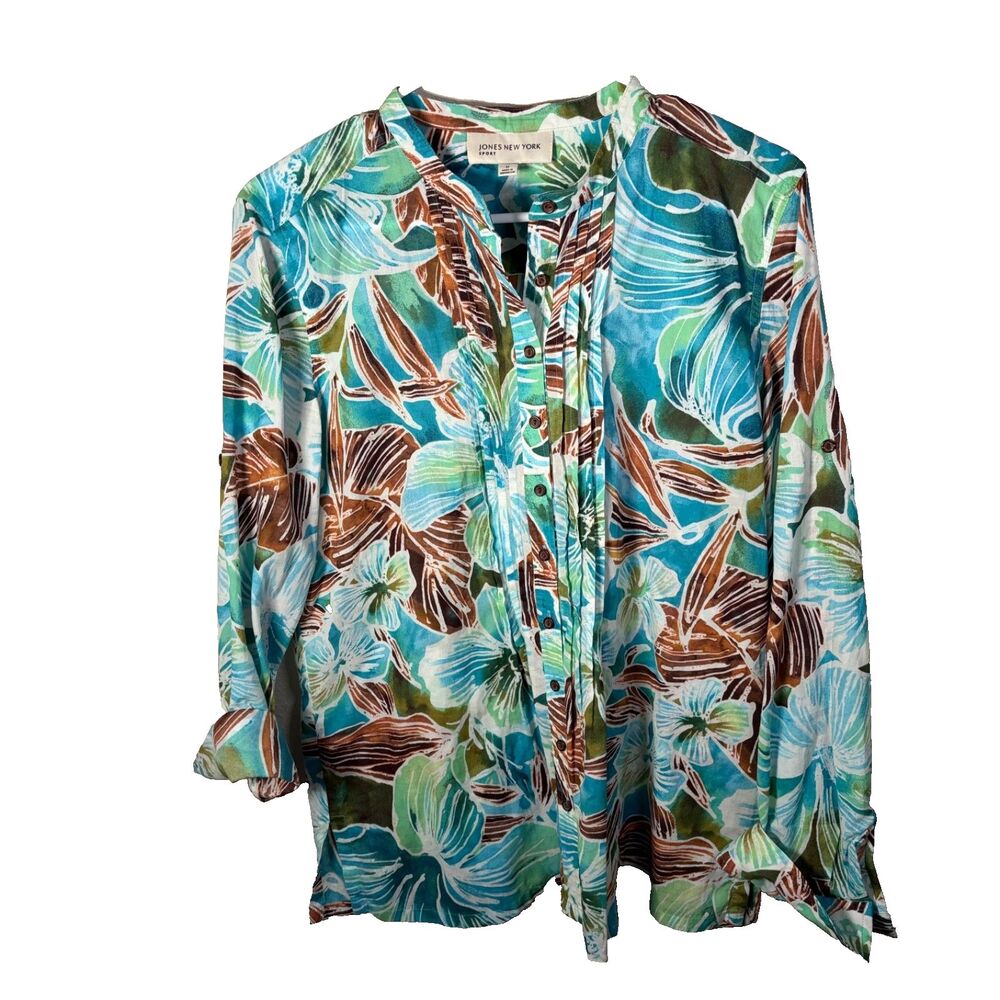 Jones New York Blouse Women's Medium Button Up Pleated Floral Shirt Top Casual